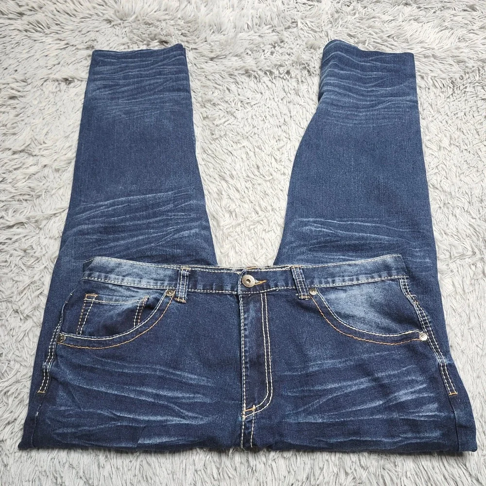 True Luck Mens‎ Jeans 36x29 Hemmed Dark Wash Straight Fit Denim Thick Stitch